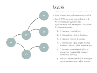 ÁRVORE
➤ Uma árvore é um grafo conexo sem ciclos.
➤ Seja G(V,A) um grafo com ordem n ≥ 2.
As propriedades seguintes são
equivalentes e suﬁcientes para caracterizar
G como uma árvore:
1. G é conexo e sem ciclos;
2. G é sem ciclos e tem n-1 arestas;
3. G é conexo e tem n-1 arestas;
4. G é sem ciclos e por adição de uma
aresta se cria um ciclo e somente um;
5. G é conexo, mas deixa de sê-lo se
uma aresta é suprimida (todas as
arestas são pontes);
6. Todo par de vértices de G é unido por
uma e somente uma cadeia simples.
X1
X2
X3
X4
X5
X6
 