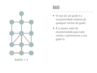RAIO
➤ O raio de um grafo é a
excentricidade mínima de
qualquer vértice do grafo.
➤ É o menor valor de
excentricidade para todo
vertice v pertencente a um
grafo G.
v
w
Rad(G) = 3
 