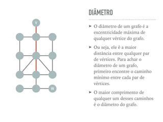 DIÂMETRO
➤ O diâmetro de um grafo é a
excentricidade máxima de
qualquer vértice do grafo.
➤ Ou seja, ele é a maior
distância entre qualquer par
de vértices. Para achar o
diâmetro de um grafo,
primeiro encontre o caminho
mínimo entre cada par de
vértices.
➤ O maior comprimento de
qualquer um desses caminhos
é o diâmetro do grafo.
V
W
 