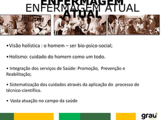 ENFERMAGEM
ATUAL
•Visão holística : o homem – ser bio-psico-social;
•Holismo: cuidado do homem como um todo.
• Integração dos serviços de Saúde: Promoção, Prevenção e
Reabilitação;
• Sistematização dos cuidados através da aplicação do processo de
técnico-científico.
• Vasta atuação no campo da saúde
 