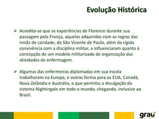 Evolução Histórica
 Acredita-se que as experiências de Florence durante sua
passagem pela França, aquelas adquiridas com as regras das
irmãs de caridade, de São Vicente de Paulo, além da rígida
convivência com a disciplina militar, a influenciaram quanto à
concepção de um modelo militarizado de organização das
atividades de enfermagem.
 Algumas das enfermeiras diplomadas em sua escola
trabalharam na Europa, e outras forma para os EUA, Canadá,
Nova Zelândia e Austrália, o que permitiu a divulgação do
sistema Nightingale em todo o mundo, chegando, inclusive ao
Brasil.
 