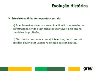 Evolução Histórica
 Este sistema tinha como pontos centrais:
a) As enfermeiras deveriam assumir a direção das escolas de
enfermagem, sendo as principais responsáveis pelo ensino
metódico da profissão;
b) Os critérios de conduta moral, intelectual, bem como de
aptidão, deveria ser usados na seleção das candidatas.
 