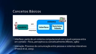 Conceitos Básicos
• Interface: parte de um sistema computacional com a qual a pessoa entra
em contato – física, perceptiva ou conceitualmente (Moran, 1981)
• Interação: Processo de comunicação entre pessoas e sistemas interativos
(Preece et al, 2005).
 