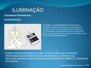 ILUMINAÇÃOIntrodução Manual Luminotécnico Prático – OSRAM- Maior preocupação:  Ambientes com o melhor conforto luminoso, a melhor qualidade e o menor custo possível.Quanto menor for o esforço de adaptação do indivíduo, maior será sua sensação de conforto.Curso de Design de Interiores - IFPB