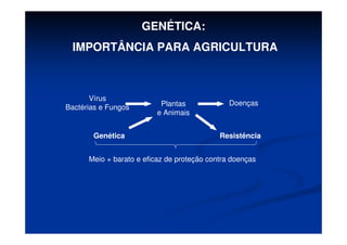 Plantas
e Animais
Vírus
Bactérias e Fungos
Doenças
Genética Resistência
Meio + barato e eficaz de proteção contra doenças
GENÉTICA:
IMPORTÂNCIA PARA AGRICULTURA
 