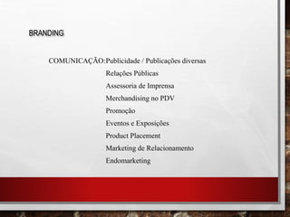 COMUNICAÇÃO:Publicidade / Publicações diversas
Relações Públicas
Assessoria de Imprensa
Merchandising no PDV
Promoção
Eventos e Exposições
Product Placement
Marketing de Relacionamento
Endomarketing
BRANDING
 