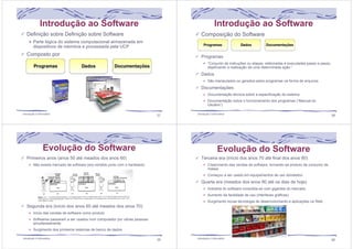 Introdução ao Software 
Definição sobre Definição sobre Software 
Parte lógica do sistema computacional armazenada em 
dispositivos de memória e processada pela UCP 
Composto por 
Introdução à Informática 57 
Introdução ao Software 
Composição do Software 
Programas 
“Conjunto de instruções ou etapas, elaboradas e executadas passo a passo, 
objetivando a realização de uma determinada ação.” 
Dados 
São manipulados ou gerados pelos programas na forma de arquivos 
Documentações 
Documentação técnica sobre a especificação do sistema 
Documentação sobre o funcionamento dos programas (“Manual do 
Usuário”) 
Introdução à Informática 58 
Evolução do Software 
Primeiros anos (anos 50 até meados dos anos 60) 
Não existia mercado de software (era vendido junto com o hardware) 
Segunda era (início dos anos 60 até meados dos anos 70) 
Início das vendas de software como produto 
Softwares passaram a ser usados num computador por várias pessoas 
simultaneamente 
Surgimento dos primeiros sistemas de banco de dados 
Introdução à Informática 59 
Evolução do Software 
Terceira era (início dos anos 70 até final dos anos 80) 
Crescimento das vendas de software, tornando-se produto de consumo de 
massa 
Começou a ser usado em equipamentos de uso doméstico 
Quarta era (meados dos anos 80 até os dias de hoje) 
Indústria do software consolida-se com gigantes do mercado 
Aumento da facilidade de uso (interfaces gráficas) 
Surgimento novas tecnologia de desenvolvimento e aplicações na Web 
Introdução à Informática 60 
 