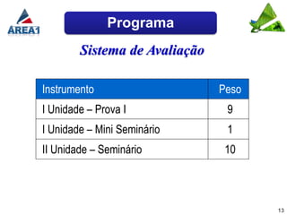 Programa
        Sistema de Avaliação

Instrumento                    Peso
I Unidade – Prova I             9
I Unidade – Mini Seminário      1
II Unidade – Seminário          10



                                      13
 