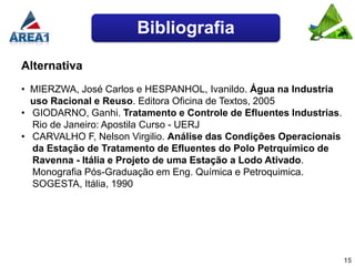 Bibliografia

Alternativa
• MIERZWA, José Carlos e HESPANHOL, Ivanildo. Água na Industria
  uso Racional e Reuso. Editora Oficina de Textos, 2005
• GIODARNO, Ganhi. Tratamento e Controle de Efluentes Industrias.
  Rio de Janeiro: Apostila Curso - UERJ
• CARVALHO F, Nelson Virgilio. Análise das Condições Operacionais
  da Estação de Tratamento de Efluentes do Polo Petrquímico de
  Ravenna - Itália e Projeto de uma Estação a Lodo Ativado.
  Monografia Pós-Graduação em Eng. Química e Petroquimica.
  SOGESTA, Itália, 1990




                                                                    15
 