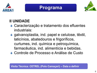 Programa

II UNIDADE
  Caracterização e tratamento dos efluentes
    industriais:
  galvanoplastia, ind. papel e celulose, têxtil,
    laticínios, abatedouros e frigoríficos,
    curtumes, ind. química e petroquímica,
    farmacêutica, ind. alimentícia e bebidas.
  Controle de Processo e Análise de Custo


Visita Técnica: CETREL (Polo Camaçari) – Data a definir
                                                          8
 
