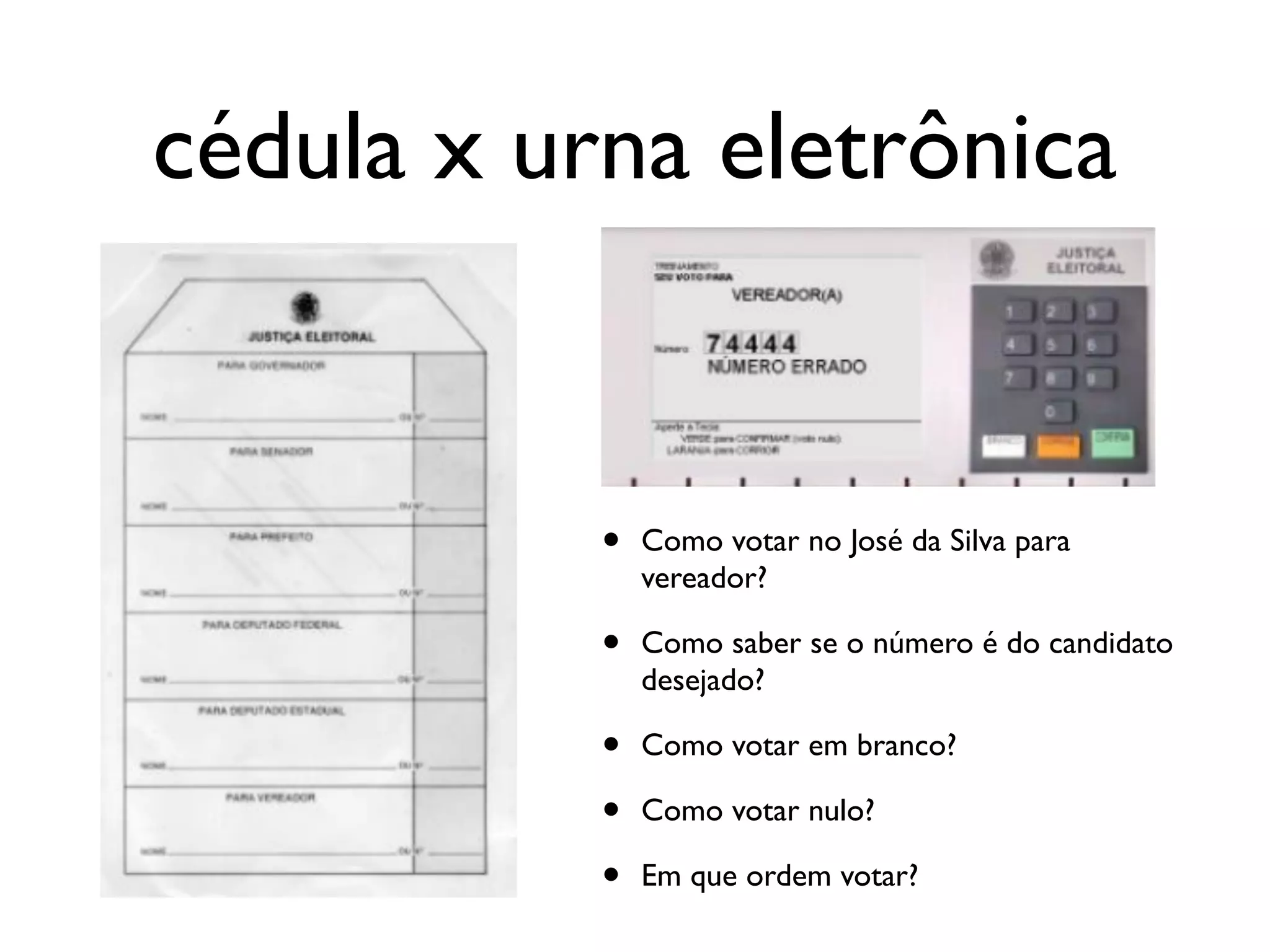 cédula x urna eletrônica
• Como votar no José da Silva para
vereador?
• Como saber se o número é do candidato
desejado?
• Como votar em branco?
• Como votar nulo?
• Em que ordem votar?
 