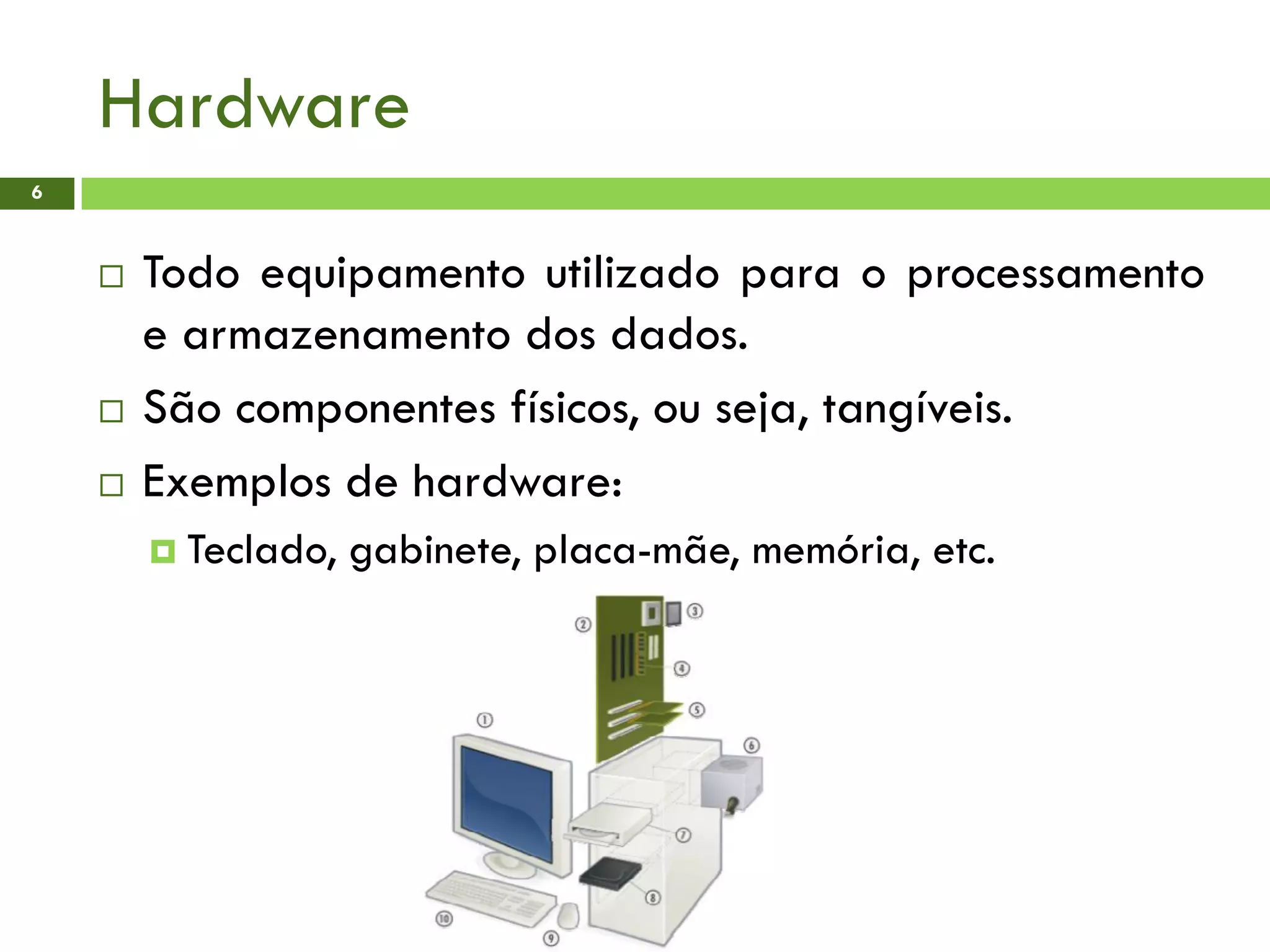 Hardware
6
 Todo equipamento utilizado para o processamento
e armazenamento dos dados.
 São componentes físicos, ou seja, tangíveis.
 Exemplos de hardware:
 Teclado, gabinete, placa-mãe, memória, etc.
 