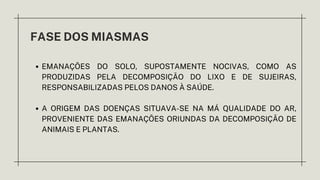 FASE DOS MIASMAS
EMANAÇÕES DO SOLO, SUPOSTAMENTE NOCIVAS, COMO AS
PRODUZIDAS PELA DECOMPOSIÇÃO DO LIXO E DE SUJEIRAS,
RESPONSABILIZADAS PELOS DANOS À SAÚDE.
A ORIGEM DAS DOENÇAS SITUAVA-SE NA MÁ QUALIDADE DO AR,
PROVENIENTE DAS EMANAÇÕES ORIUNDAS DA DECOMPOSIÇÃO DE
ANIMAIS E PLANTAS.
 