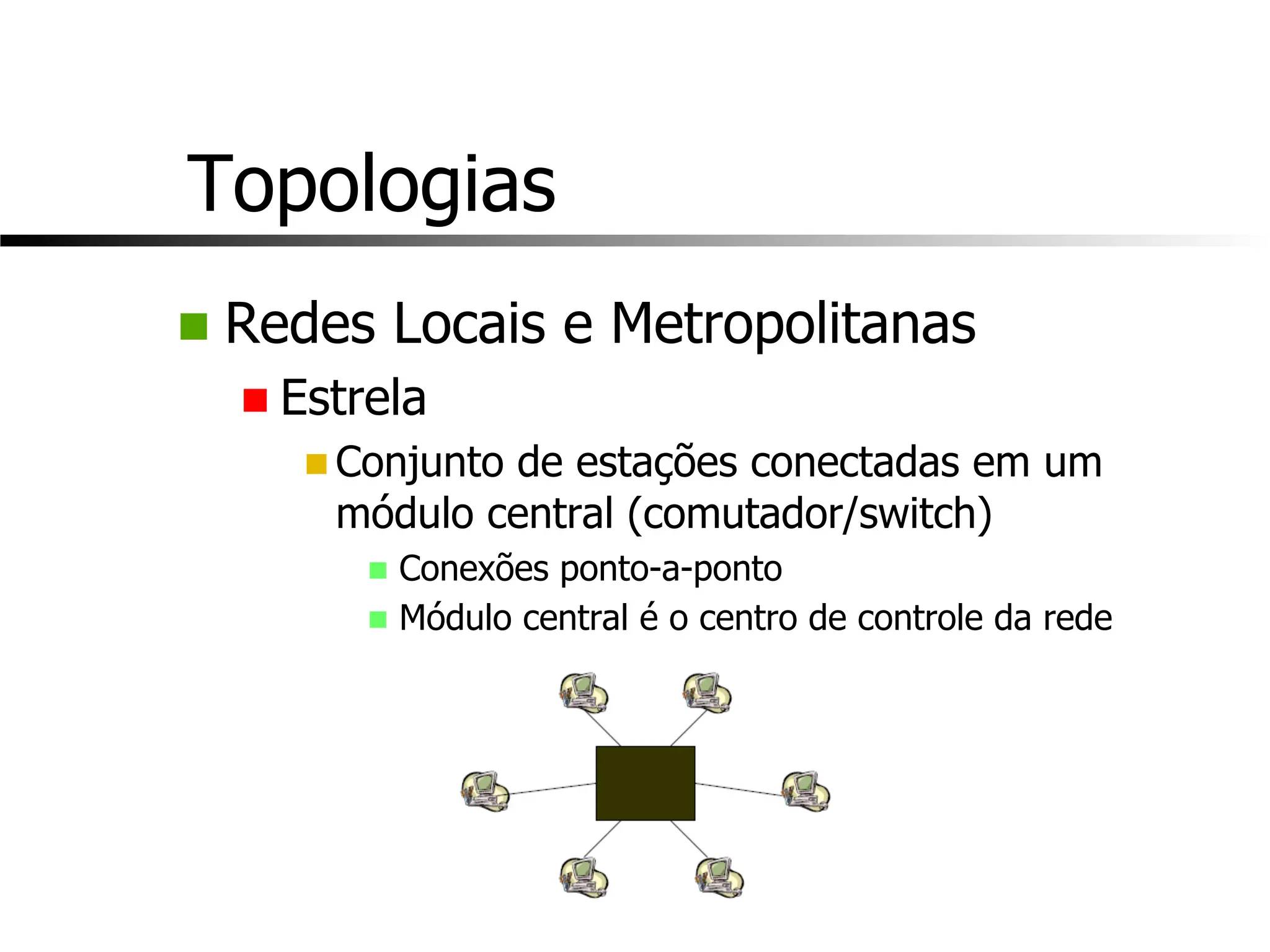 Topologias
n Redes Locais e Metropolitanas
n Estrela
n Conjunto de estações conectadas em um
módulo central (comutador/switch)
n Conexões ponto-a-ponto
n Módulo central é o centro de controle da rede
 