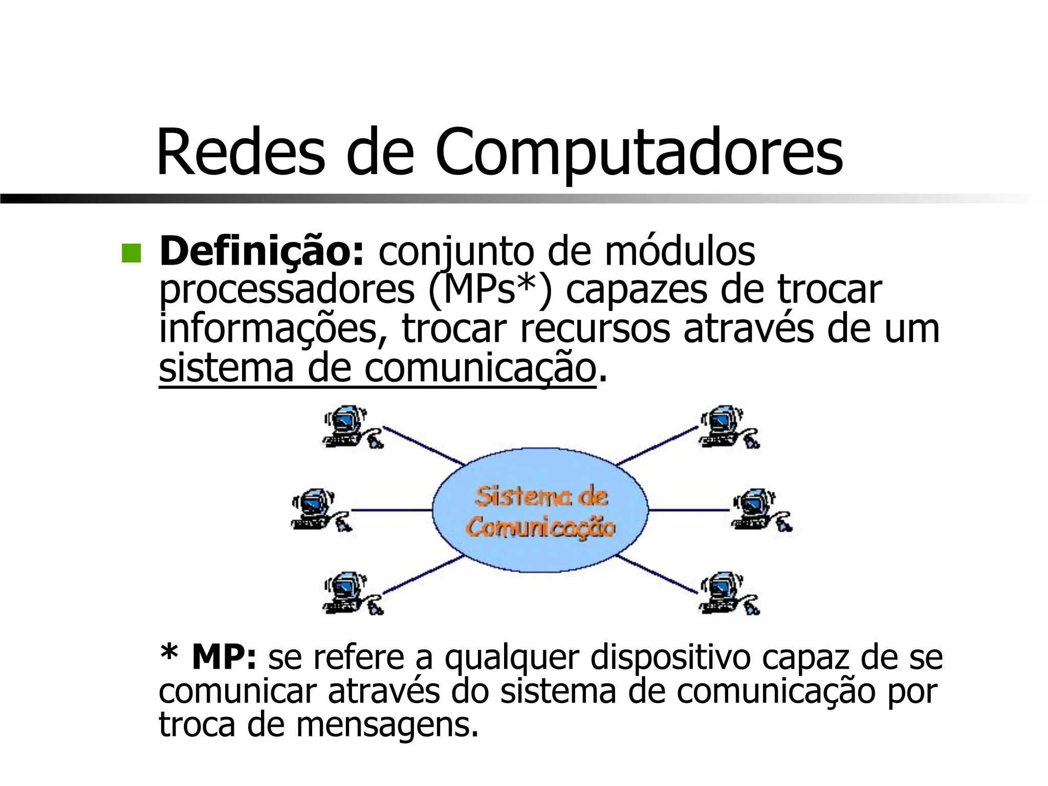 Redes de Computadores
n Definição: conjunto de módulos
processadores (MPs*) capazes de trocar
informações, trocar recursos através de um
sistema de comunicação.
* MP: se refere a qualquer dispositivo capaz de se
comunicar através do sistema de comunicação por
troca de mensagens.
 