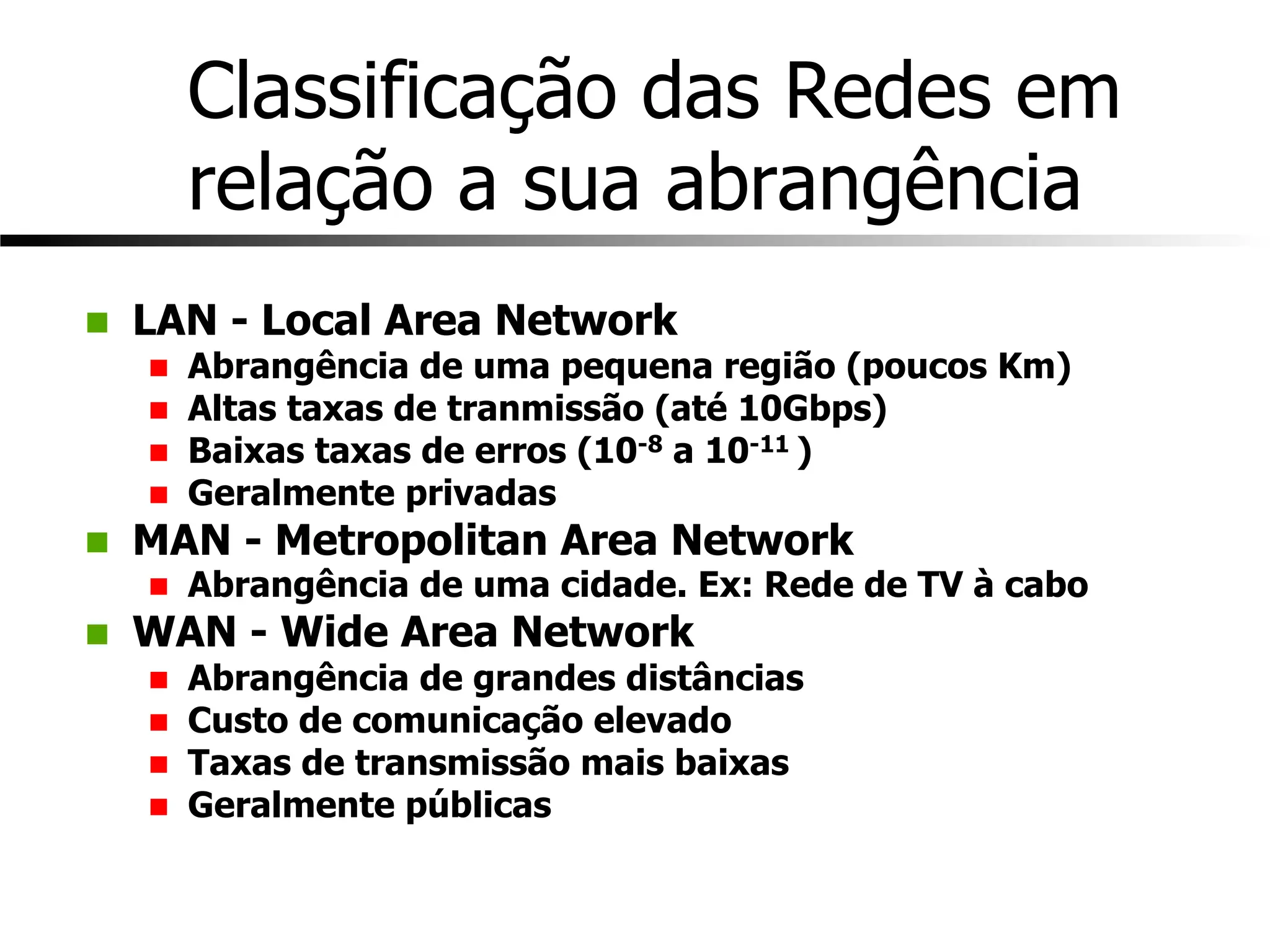 Classificação das Redes em
relação a sua abrangência
n LAN - Local Area Network
n Abrangência de uma pequena região (poucos Km)
n Altas taxas de tranmissão (até 10Gbps)
n Baixas taxas de erros (10-8 a 10-11 )
n Geralmente privadas
n MAN - Metropolitan Area Network
n Abrangência de uma cidade. Ex: Rede de TV à cabo
n WAN - Wide Area Network
n Abrangência de grandes distâncias
n Custo de comunicação elevado
n Taxas de transmissão mais baixas
n Geralmente públicas
 