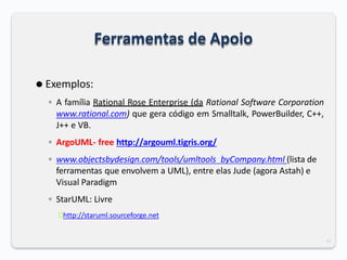 33
Ferramentas de Apoio
⚫ Exemplos:
◦ A família Rational Rose Enterprise (da Rational Software Corporation
www.rational.com) que gera código em Smalltalk, PowerBuilder, C++,
J++ e VB.
◦ ArgoUML- free http://argouml.tigris.org/
◦ www.objectsbydesign.com/tools/umltools_byCompany.html (lista de
ferramentas que envolvem a UML), entre elas Jude (agora Astah) e
Visual Paradigm
◦ StarUML: Livre
🞄http://staruml.sourceforge.net
 