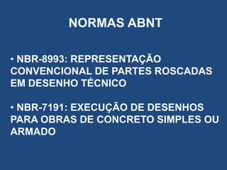 NORMAS ABNT
• NBR-8993: REPRESENTAÇÃO
CONVENCIONAL DE PARTES ROSCADAS
EM DESENHO TÉCNICO
• NBR-7191: EXECUÇÃO DE DESENHOS
PARA OBRAS DE CONCRETO SIMPLES OU
ARMADO

 
