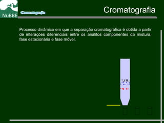 Processo dinâmico em que a separação cromatográfica é obtida a partir
de interações diferenciais entre os analitos componentes da mistura,
fase estacionária e fase móvel.
Cromatografia
 