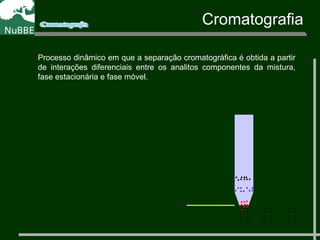 Processo dinâmico em que a separação cromatográfica é obtida a partir
de interações diferenciais entre os analitos componentes da mistura,
fase estacionária e fase móvel.
Cromatografia
 