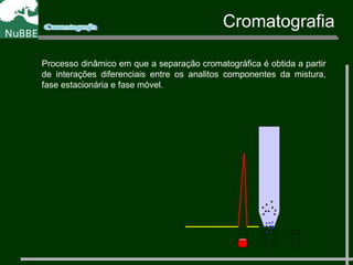 Processo dinâmico em que a separação cromatográfica é obtida a partir
de interações diferenciais entre os analitos componentes da mistura,
fase estacionária e fase móvel.
Cromatografia
 