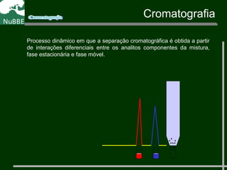 Processo dinâmico em que a separação cromatográfica é obtida a partir
de interações diferenciais entre os analitos componentes da mistura,
fase estacionária e fase móvel.
Cromatografia
 