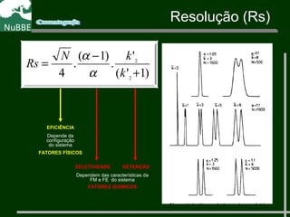 )1'(
'
.
)1(
.
4 2
2
+
−
=
k
kN
Rs
α
α
EFICIÊNCIA
Depende da
configuração
do sistema
SELETIVIDADE RETENÇÃO
Dependem das características da
FM e FE do sistema
FATORES QUÍMICOS
FATORES FÍSICOS
Resolução (Rs)
 