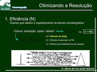 Coluna, tubulação, injetor, detetor ∑ 2
= Lh /σ
µ
µ
C
B
Ah ++=
A = Difusão de Eddy
B = Difusão molecular na FM
C = Efeitos da transferência de massas
Otimizando a Resolução
1. Eficiência (N)
Fatores que afetam o espalhamento da banda cromatográfica.
h = N/L
h: altura de um prato teórico
ou
 