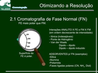 Otimizando a Resolução
2.1 Cromatografia de Fase Normal (FN)
FE mais polar que FM.
Interações ANALITO X FE e FM X FM
(em ordem decrescente de intensidade):
- Iônica (indesejáveis)
- Ponte de Hidrogênio
- Van der Waals
Dipolo – dipolo
Dipolo – dipolo induzido
ADSORVENTES p/ FN (exemplos):
-Sílica
-Alumina
-Poliamida
-Fases ligadas polares (CN, NH2, Diol)
Superfície da
FE é polar.
 