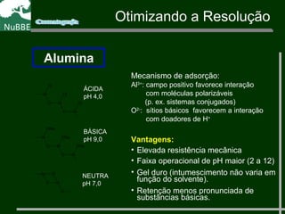 Otimizando a Resolução
Alumina
O Al
AlO
ClAlCH3
Cl
CH3
Cl
ÁCIDA
pH 4,0
O Al
AlO
ONaAlCH3
ONa
CH3
ONa
BÁSICA
pH 9,0
O Al
2+
AlO
AlCH3 O
NEUTRA
pH 7,0
Mecanismo de adsorção:
Al3+
: campo positivo favorece interação
com moléculas polarizáveis
(p. ex. sistemas conjugados)
O2-
: sítios básicos favorecem a interação
com doadores de H+
Vantagens:
• Elevada resistência mecânica
• Faixa operacional de pH maior (2 a 12)
• Gel duro (intumescimento não varia em
função do solvente).
• Retenção menos pronunciada de
substâncias básicas.
 