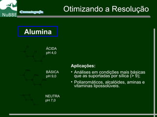 Otimizando a Resolução
Alumina
O Al
AlO
ClAlCH3
Cl
CH3
Cl
ÁCIDA
pH 4,0
O Al
AlO
ONaAlCH3
ONa
CH3
ONa
BÁSICA
pH 9,0
O Al
2+
AlO
AlCH3 O
NEUTRA
pH 7,0
Aplicações:
• Análises em condições mais básicas
que as suportadas por sílica (> 9);
• Poliaromáticos, alcalóides, aminas e
vitaminas lipossolúveis.
 