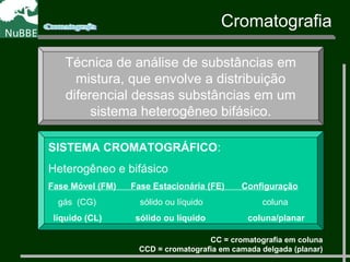 Técnica de análise de substâncias em
mistura, que envolve a distribuição
diferencial dessas substâncias em um
sistema heterogêneo bifásico.
SISTEMA CROMATOGRÁFICO:
Heterogêneo e bifásico
Fase Móvel (FM) Fase Estacionária (FE) Configuração
gás (CG) sólido ou líquido coluna
líquido (CL) sólido ou líquido coluna/planar
Cromatografia
CC = cromatografia em coluna
CCD = cromatografia em camada delgada (planar)
 