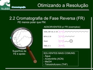 Otimizando a Resolução
2.2 Cromatografia de Fase Reversa (FR)
FE menos polar que FM.
Superfície da
FE é apolar.
CH3
Si
O
Si
O
Si
O
Si
O
CH3
CH3
OH
CH3
OH
O
CH3
CH3
CH3
CH3
ADSORVENTES p/ FR (exemplos):
Si O Si
Si O Si
Si O Si
Si O Si
ODS, RP-18, C-18
RP-8, C-8
Fenil
TMS, C-1
SOLVENTES MAIS COMUNS:
- Água
- Acetonitrila (ACN)
- MeOH
- Tetraidrofurano (THF)
 