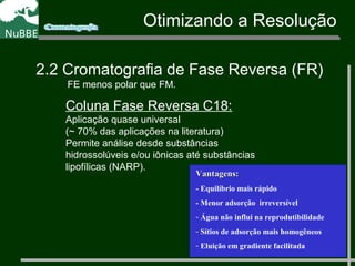 Vantagens:Vantagens:
- Equilíbrio mais rápido
- Menor adsorção irreversível
- Água não influi na reprodutibilidade
- Sítios de adsorção mais homogêneos
- Eluição em gradiente facilitada
Otimizando a Resolução
2.2 Cromatografia de Fase Reversa (FR)
FE menos polar que FM.
Coluna Fase Reversa C18:
Aplicação quase universal
(~ 70% das aplicações na literatura)
Permite análise desde substâncias
hidrossolúveis e/ou iônicas até substâncias
lipofílicas (NARP).
 