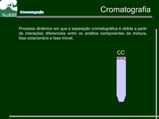 Cromatografia
Processo dinâmico em que a separação cromatográfica é obtida a partir
de interações diferenciais entre os analitos componentes da mistura,
fase estacionária e fase móvel.
CC
 