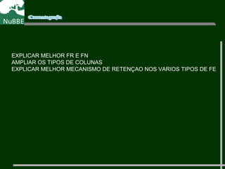 EXPLICAR MELHOR FR E FN
AMPLIAR OS TIPOS DE COLUNAS
EXPLICAR MELHOR MECANISMO DE RETENÇAO NOS VARIOS TIPOS DE FE
 
