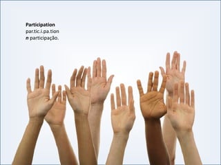 Participation
par.tic.i.pa.tion
n participação.
INGLÊS BÁSICO IINGLÊS BÁSICO I
 