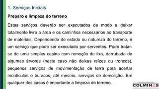 1. Serviços Iniciais
Preparo e limpeza do terreno
Estes serviços deverão ser executados de modo a deixar
totalmente livre a área e os caminhos necessários ao transporte
de materiais. Dependendo do estado ou natureza do terreno, é
um serviço que pode ser executado por serventes. Pode tratar-
se de uma simples capina com remoção de lixo, derrubada de
algumas árvores (neste caso não deixas raízes ou troncos),
pequenos serviços de movimentação de terra para acertar
montículos e buracos, até mesmo, serviços de demolição. Em
qualquer dos casos é importante a limpeza do terreno.
 