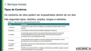 1. Serviços Iniciais
Tipos de Canteiros
Os canteiros de obra podem ser enquadrados dentro de um dos
três seguintes tipos: restritos, amplos, longos e estreitos.
 
