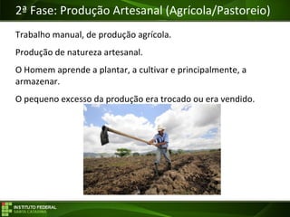 Objetivos da Disciplina
2ª Fase: Produção Artesanal (Agrícola/Pastoreio)
Trabalho manual, de produção agrícola.
Produção de natureza artesanal.
O Homem aprende a plantar, a cultivar e principalmente, a
armazenar.
O pequeno excesso da produção era trocado ou era vendido.
 