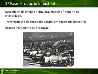 Objetivos da Disciplina
3ª Fase: Produção Industrial
Descoberta da energia hidráulica, máquina à vapor e da
eletricidade.
Transformação da sociedade agrária em sociedade Industrial.
Grande incremento da Produção.
 