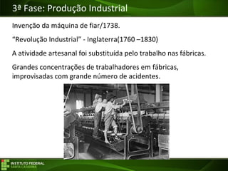 Objetivos da Disciplina
3ª Fase: Produção Industrial
Invenção da máquina de fiar/1738.
“Revolução Industrial” - Inglaterra(1760 –1830)
A atividade artesanal foi substituída pelo trabalho nas fábricas.
Grandes concentrações de trabalhadores em fábricas,
improvisadas com grande número de acidentes.
 
