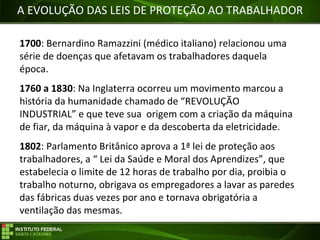 Objetivos da Disciplina
A EVOLUÇÃO DAS LEIS DE PROTEÇÃO AO TRABALHADOR
1700: Bernardino Ramazzini (médico italiano) relacionou uma
série de doenças que afetavam os trabalhadores daquela
época.
1760 a 1830: Na Inglaterra ocorreu um movimento marcou a
história da humanidade chamado de “REVOLUÇÃO
INDUSTRIAL” e que teve sua origem com a criação da máquina
de fiar, da máquina à vapor e da descoberta da eletricidade.
1802: Parlamento Britânico aprova a 1ª lei de proteção aos
trabalhadores, a “ Lei da Saúde e Moral dos Aprendizes”, que
estabelecia o limite de 12 horas de trabalho por dia, proibia o
trabalho noturno, obrigava os empregadores a lavar as paredes
das fábricas duas vezes por ano e tornava obrigatória a
ventilação das mesmas.
 