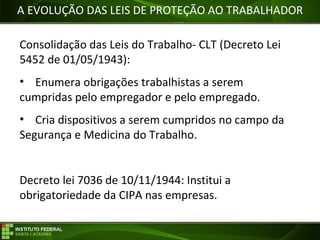 Objetivos da Disciplina
A EVOLUÇÃO DAS LEIS DE PROTEÇÃO AO TRABALHADOR
Consolidação das Leis do Trabalho- CLT (Decreto Lei
5452 de 01/05/1943):
• Enumera obrigações trabalhistas a serem
cumpridas pelo empregador e pelo empregado.
• Cria dispositivos a serem cumpridos no campo da
Segurança e Medicina do Trabalho.
Decreto lei 7036 de 10/11/1944: Institui a
obrigatoriedade da CIPA nas empresas.
 