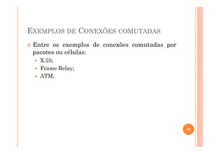 EXEMPLOS DE CONEXÕES COMUTADAS
Entre os exemplos de conexões comutadas por
pacotes ou células:
X.25;
Frame Relay;
ATM;ATM;
33
 