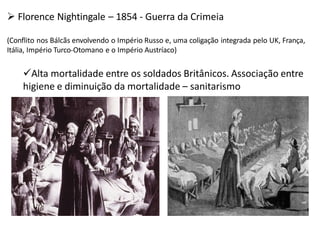  Florence Nightingale – 1854 - Guerra da Crimeia
(Conflito nos Bálcãs envolvendo o Império Russo e, uma coligação integrada pelo UK, França,
Itália, Império Turco-Otomano e o Império Austríaco)
Alta mortalidade entre os soldados Britânicos. Associação entre
higiene e diminuição da mortalidade – sanitarismo
 