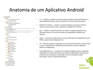 Anatomia de um Aplicativo Android
            •   src — Contém os arquivos .java source do seu projeto. neste exemplo temos o
                arquivo MainActivity.java, que corresponde à unica Activity deste projeto.

            •   Android 2.3.3 library — Contém o arquivo android.jar, qual possui todas as
                classes necessarias para rodar o aplicativo na plataforma escolhida.

            •   gen — Contém o arquivo R.java file, um arquivo "compiler-generated" que
                referencia todas os recursos encontrados no projeto(Não modifique este
                arquivo).

            •   assets — Esta pasta contém todos os assets usados pela sua aplicação tais como
                HTML, arquivos texto, databases e etc.

            •   res — Recursos usados na aplicação, tais como arquivos de layout, values, strings
                e outros. É possivel criar subdiretorios para adicionar suporte a diferentes
                devices e configurações.

            •   AndroidManifest.xml — O arquivo de manifesto obrigatorio para sua aplicação
                Android(O mais importante). Nele você espeficica informações necessárias ao
                ambiente que vai executar sua aplicação, tais como Activities criadas,
                Permissões, Serviços e Broadcast Receivers.
 