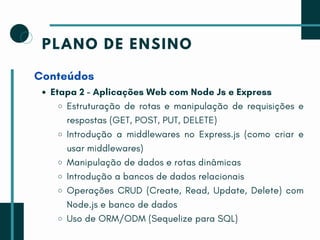 PLANO DE ENSINO
Conteúdos
Etapa 2 - Aplicações Web com Node Js e Express
Estruturação de rotas e manipulação de requisições e
respostas (GET, POST, PUT, DELETE)
Introdução a middlewares no Express.js (como criar e
usar middlewares)
Manipulação de dados e rotas dinâmicas
Introdução a bancos de dados relacionais
Operações CRUD (Create, Read, Update, Delete) com
Node.js e banco de dados
Uso de ORM/ODM (Sequelize para SQL)
 