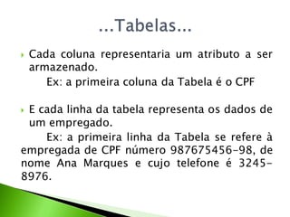    Cada coluna representaria um atributo a ser
    armazenado.
       Ex: a primeira coluna da Tabela é o CPF

E cada linha da tabela representa os dados de
 um empregado.
    Ex: a primeira linha da Tabela se refere à
empregada de CPF número 987675456-98, de
nome Ana Marques e cujo telefone é 3245-
8976.
 