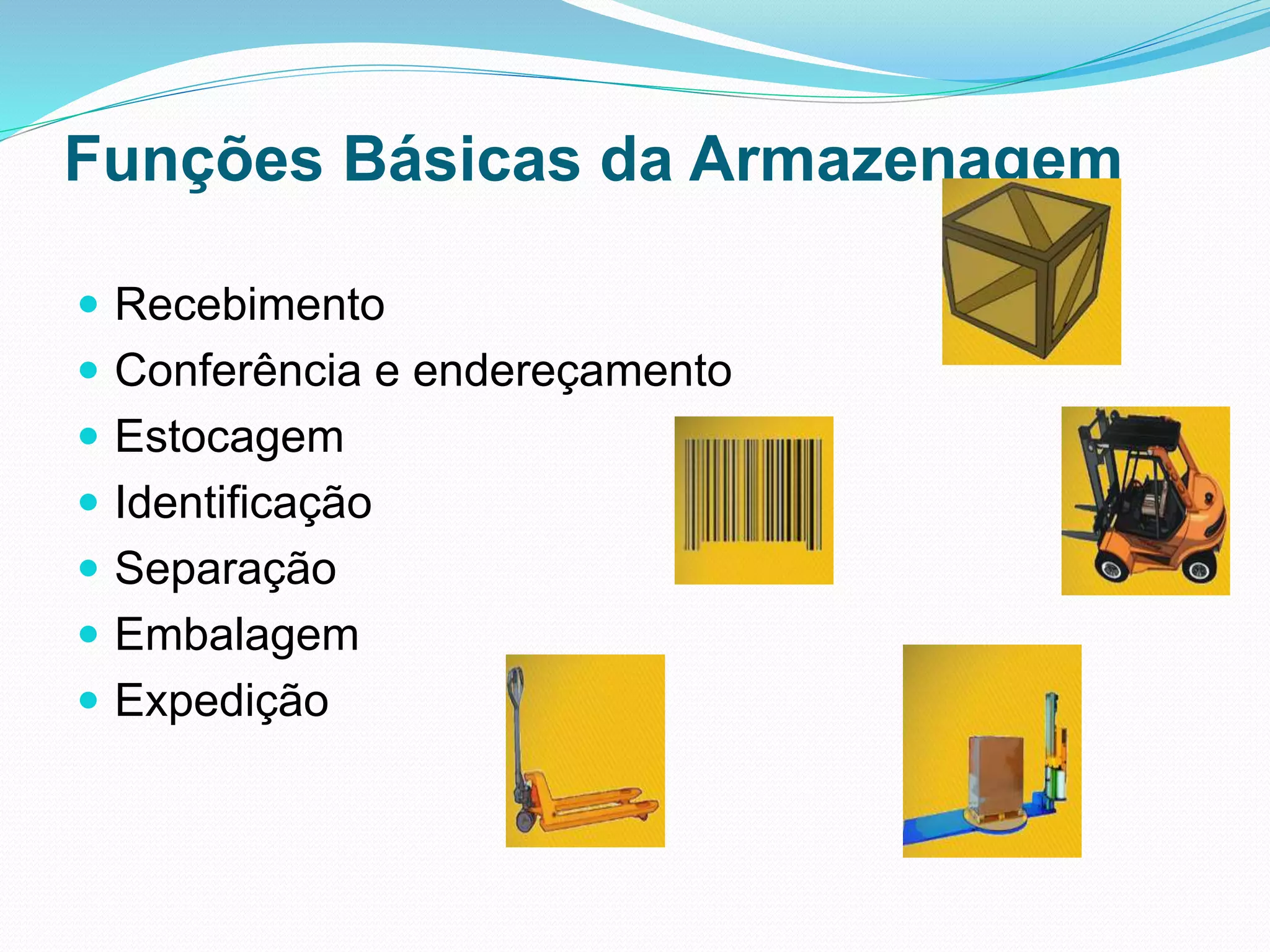 Funções Básicas da Armazenagem 
 Recebimento 
 Conferência e endereçamento 
 Estocagem 
 Identificação 
 Separação 
 Embalagem 
 Expedição 
 